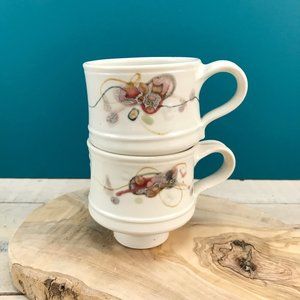 STUDIO POTTERY Ceramic Coffee Mug Set Of 2 Abstract Pink Swirl Design Signed